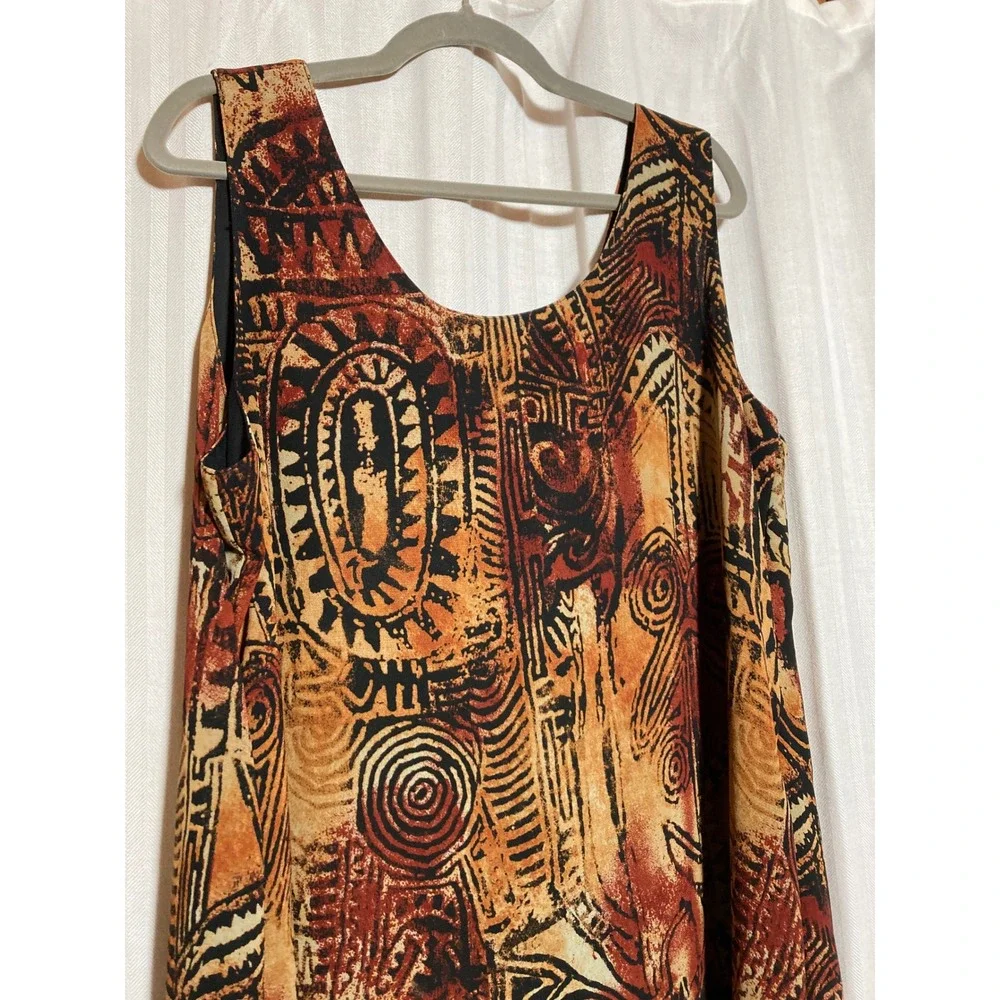Abstract Tribal Print Sleeveless Midi Shift Dress Rust Gold Black Avenue Womens